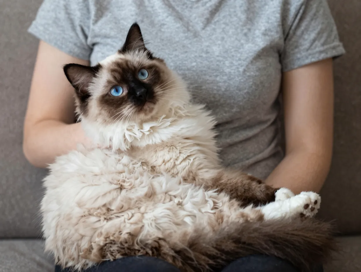 Ragdoll cat lying limp in a persons arms showing blue eyes