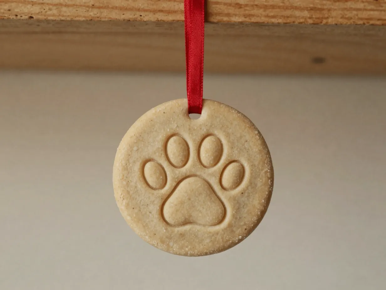 Rustic salt dough ornament with paw impression hanging by ribbon