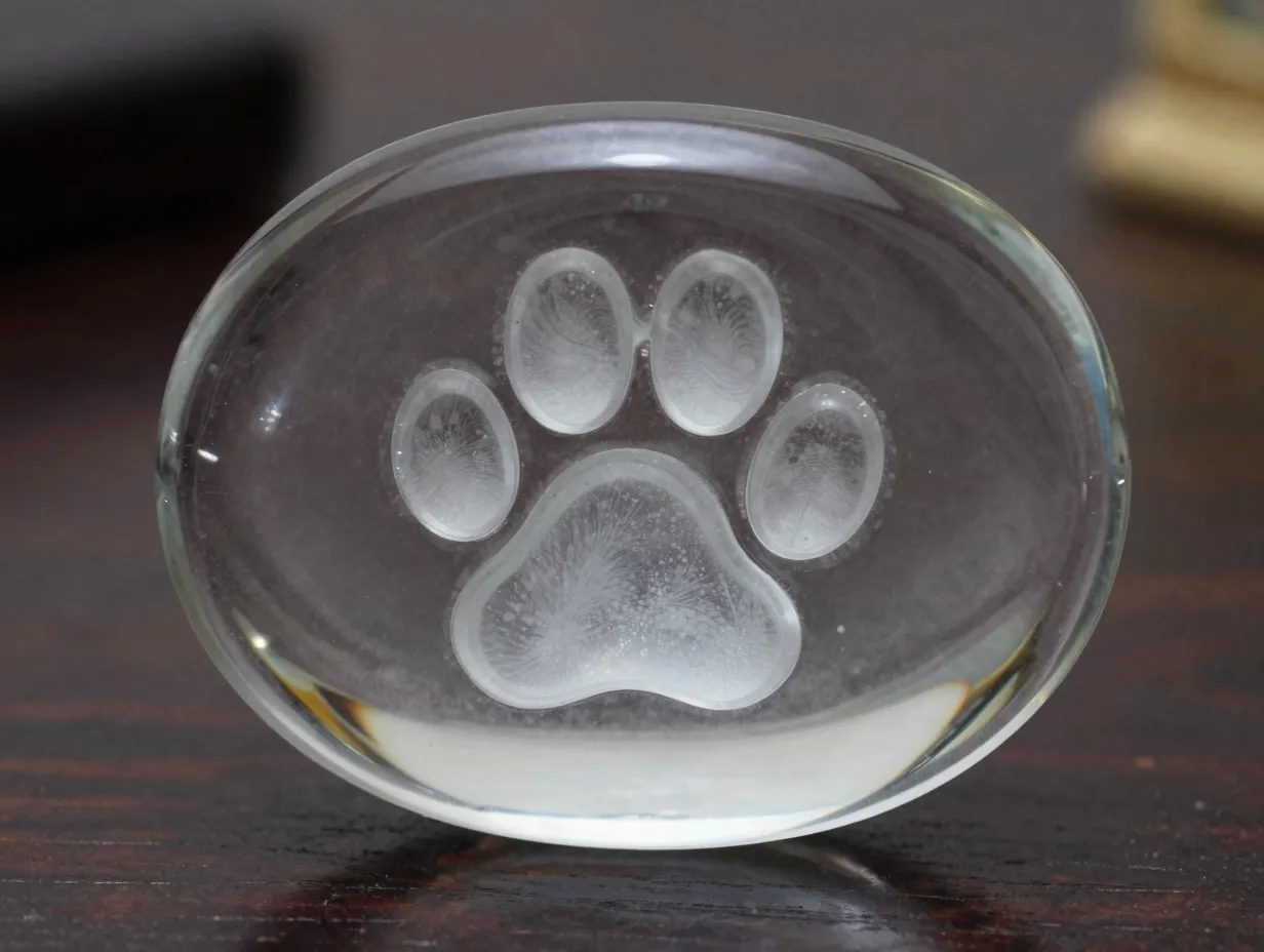 Luxurious glass paperweight with fused cat paw print inside