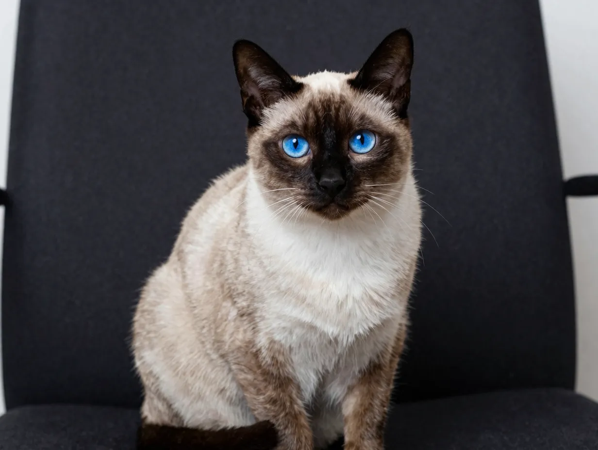 Striking siamese cat with blue eyes and dark points on cushion