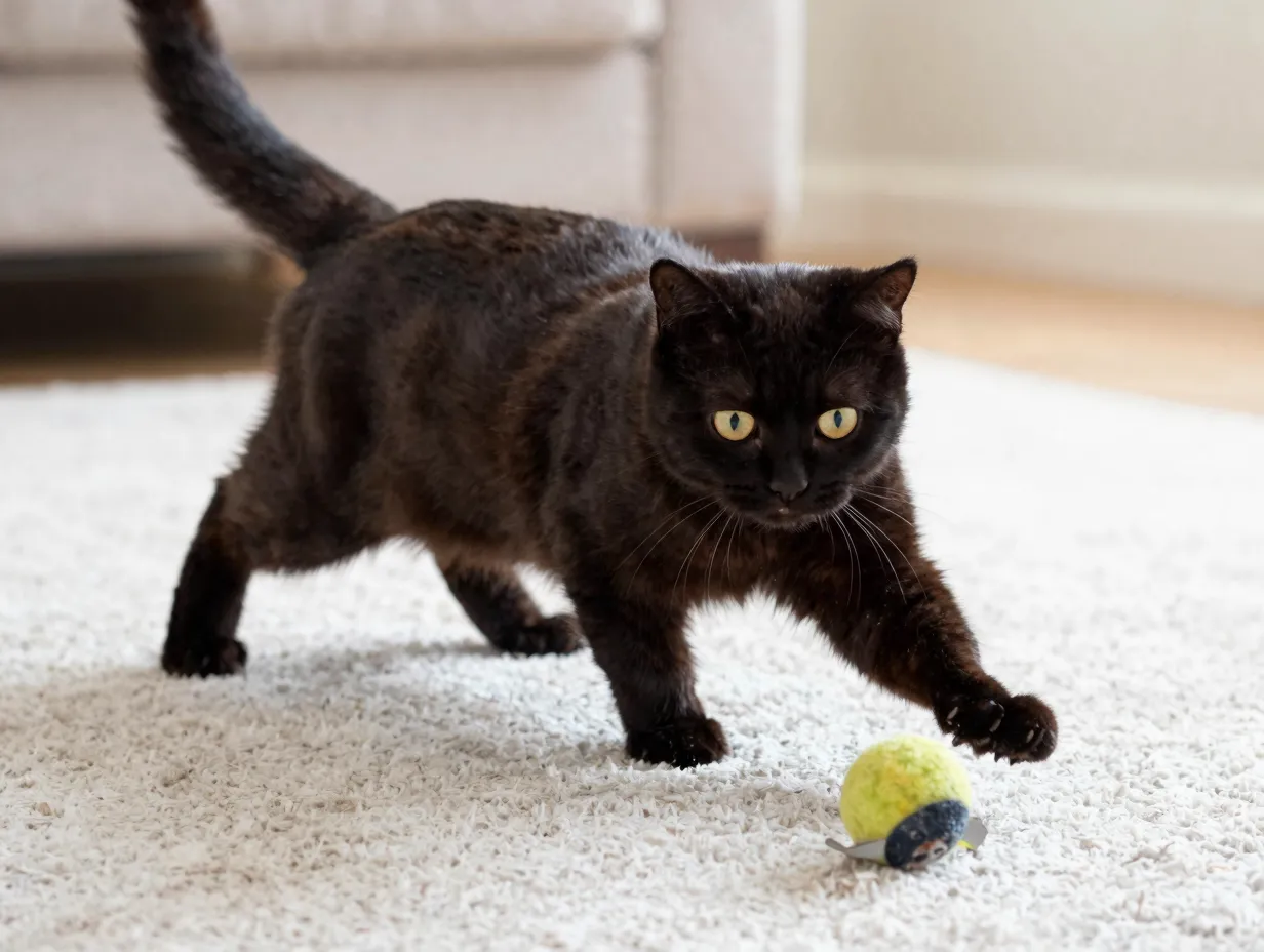 Munchkin cat with short legs playing with ball on carpet