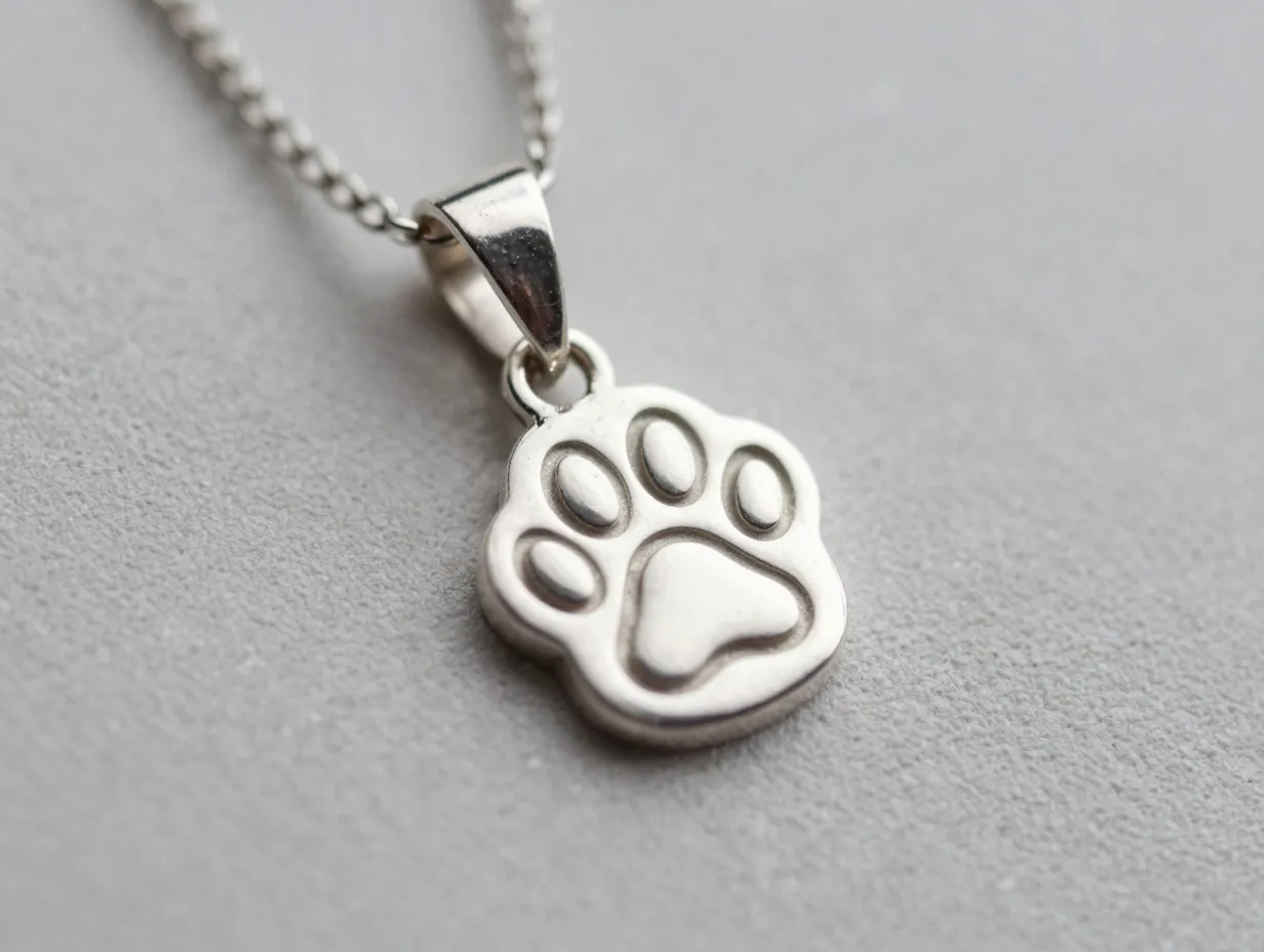 Silver pendant necklace with engraved cat paw print