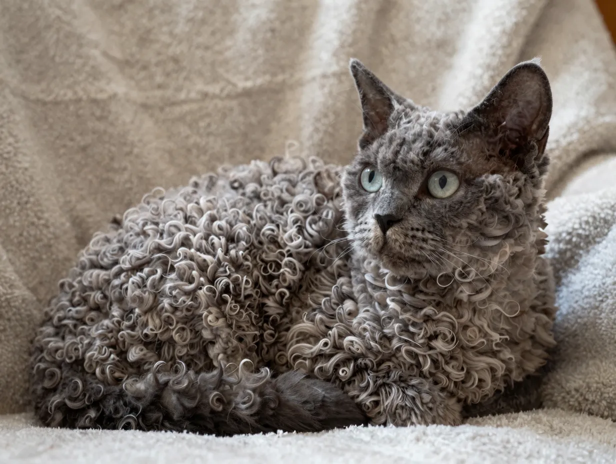 Selkirk rex cat with curly coat and whiskers on blanket
