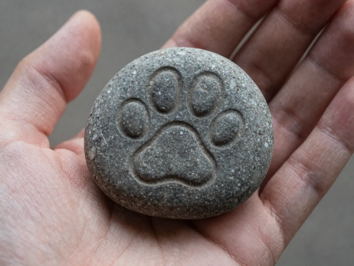 Smooth river stone with carved cat paw print resting in palm