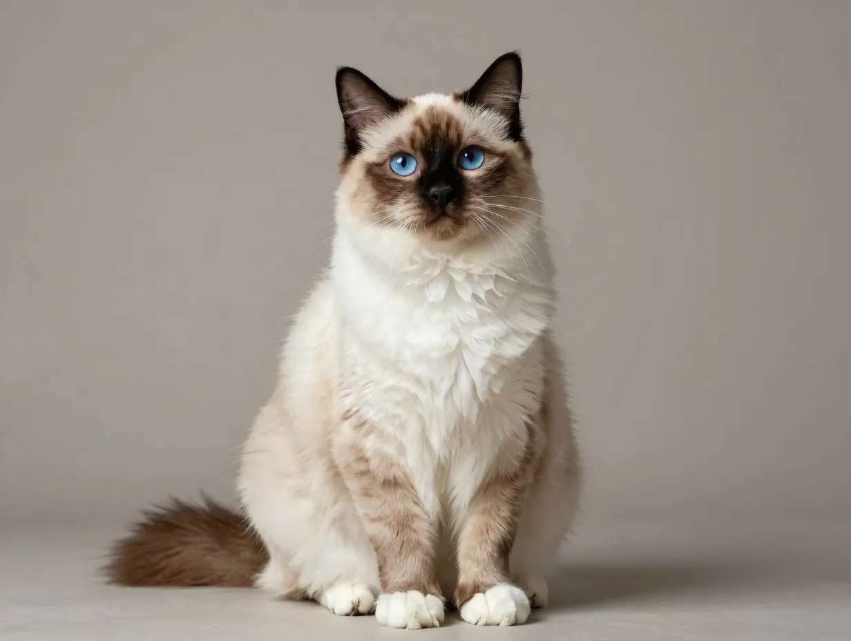 Birman cat with blue eyes and white gloves sitting serene