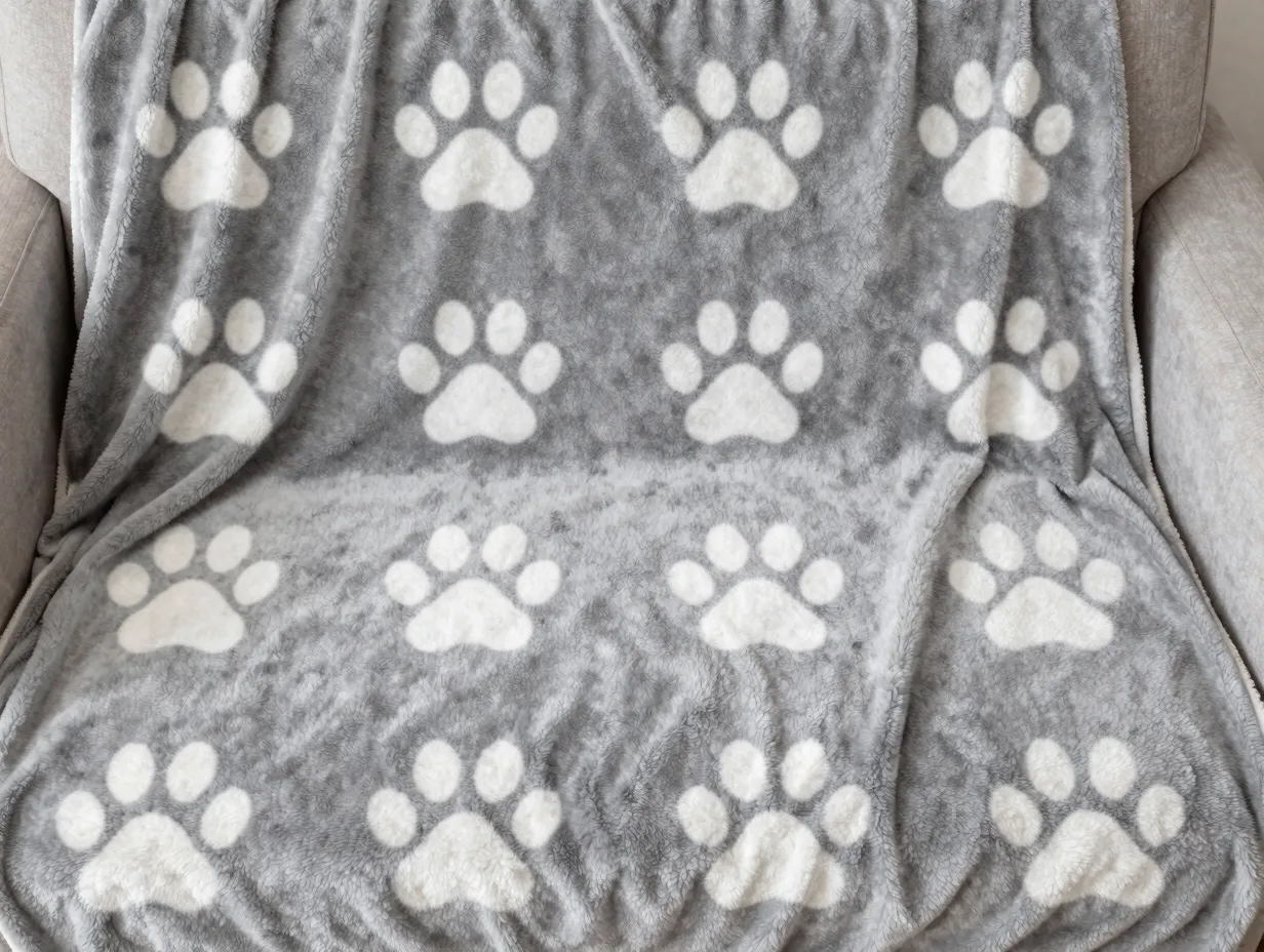 Cozy fleece blanket with repeating pattern of white cat paw prints