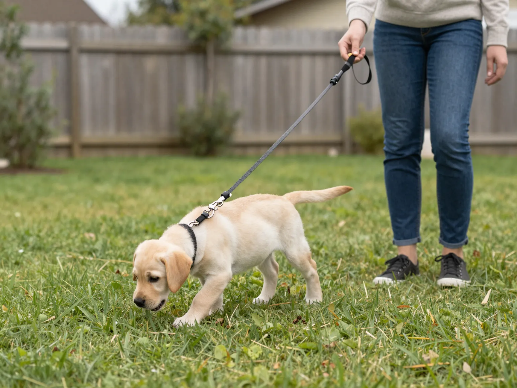 Leash training labrador puppy in a quiet backyard environment