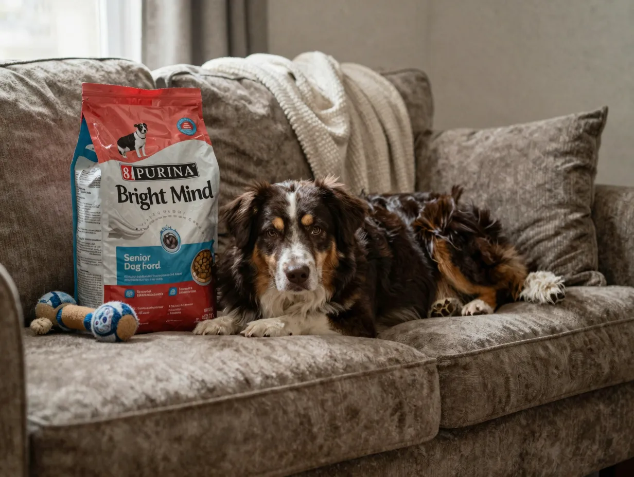 Purina bright mind senior dog food bags aging aussie couch side