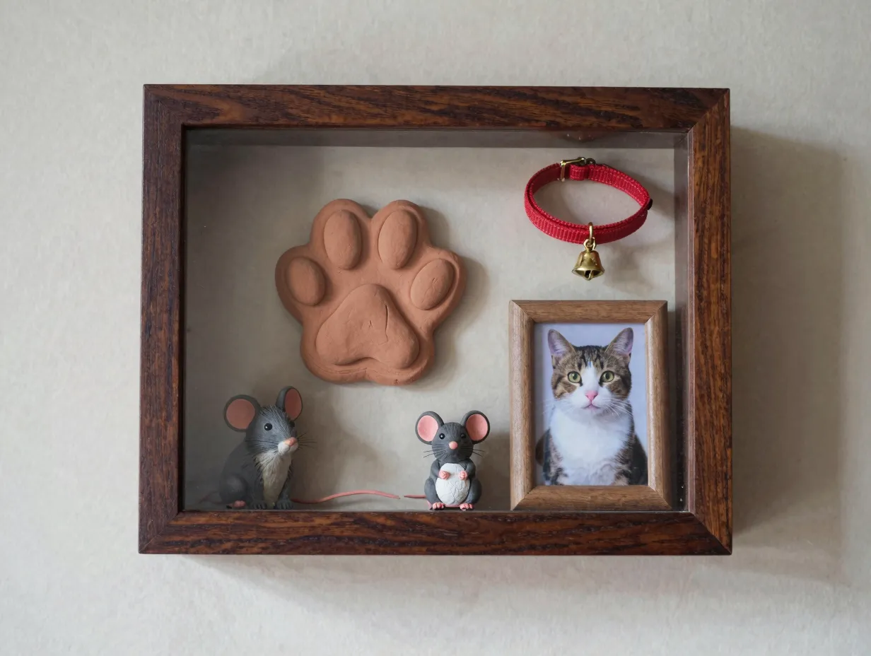 Deep wooden shadow box displaying multiple cat memorial mementos