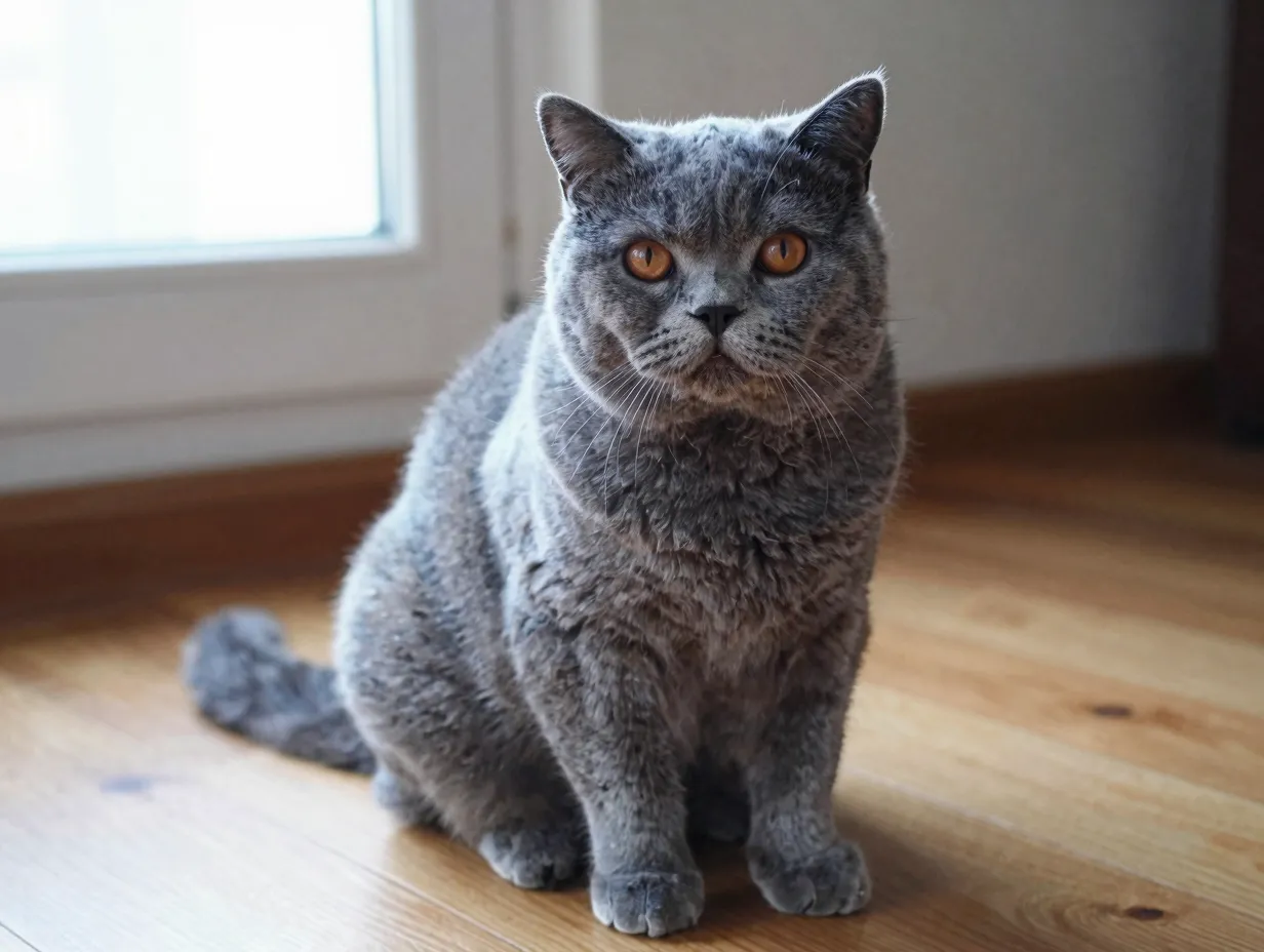 Plump british shorthair cat with round face on wooden floor