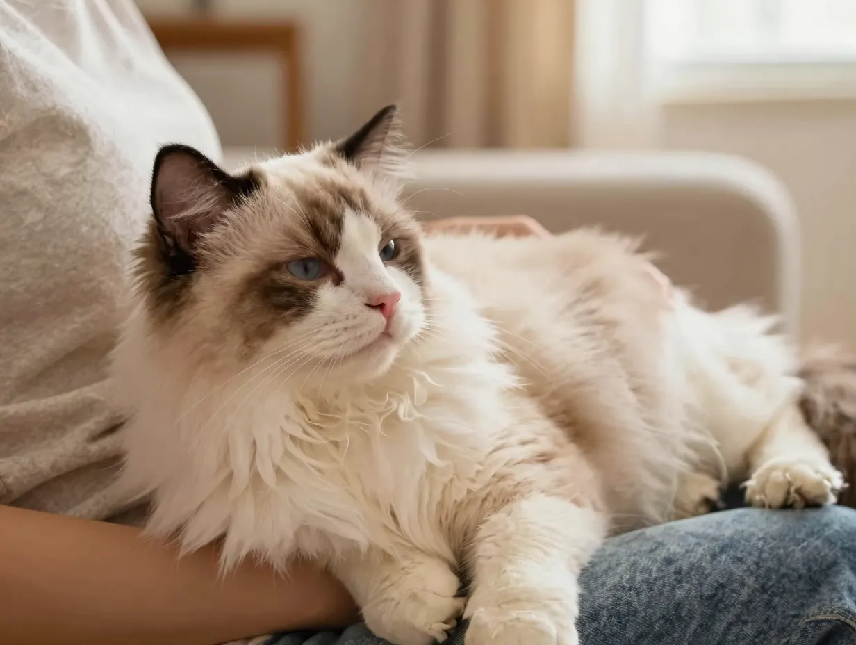Ragdoll cat relaxing limply on a persons lap in living room