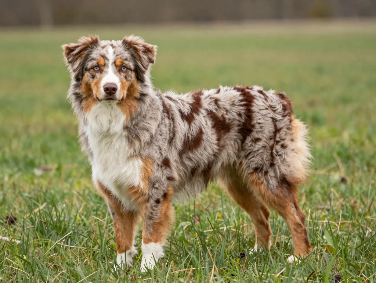 Red merle aussie adult dog in pasture displaying unique cinnamon liver coat pattern
