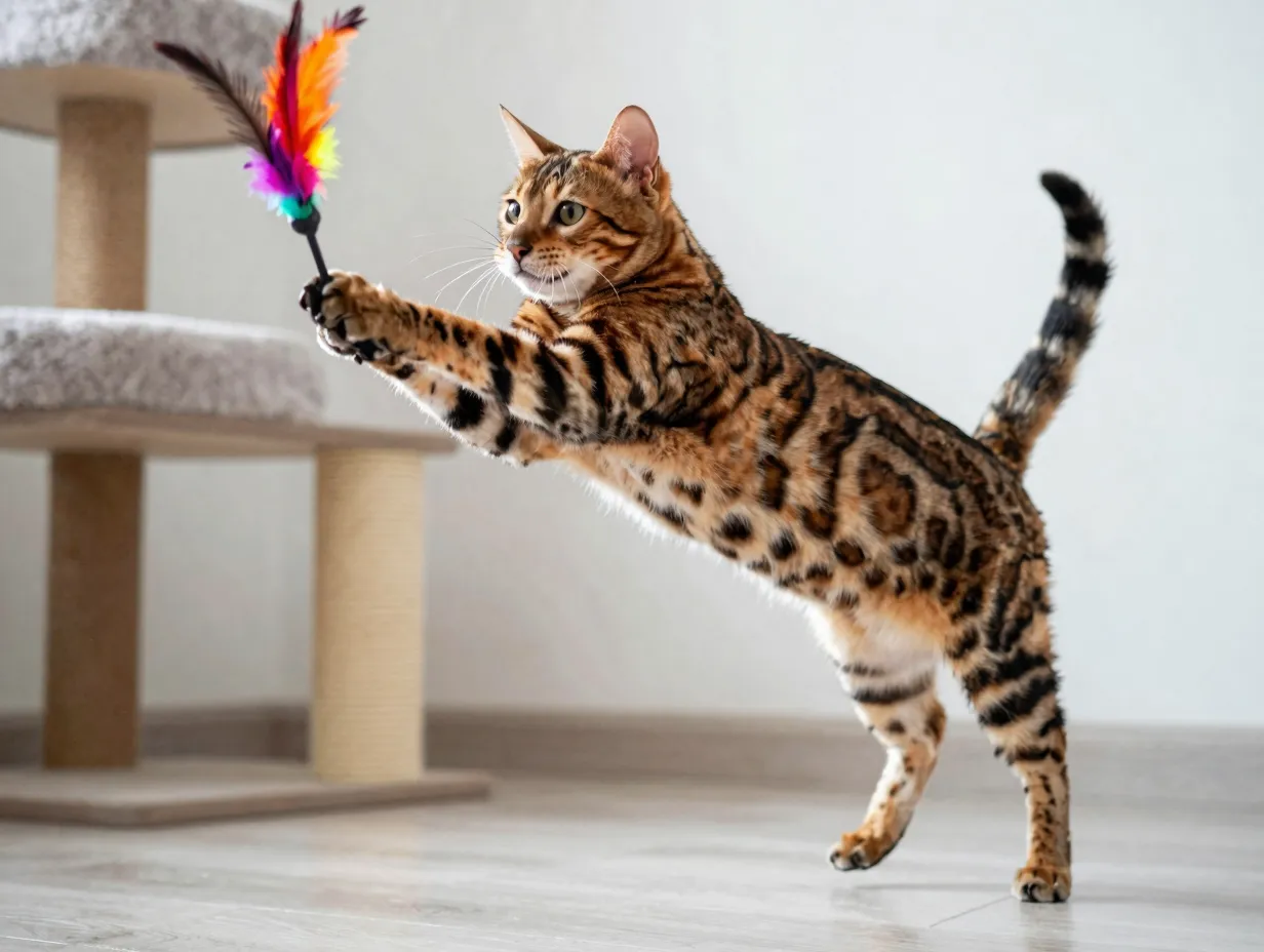 Bengal cat jumping to catch a feather wand toy