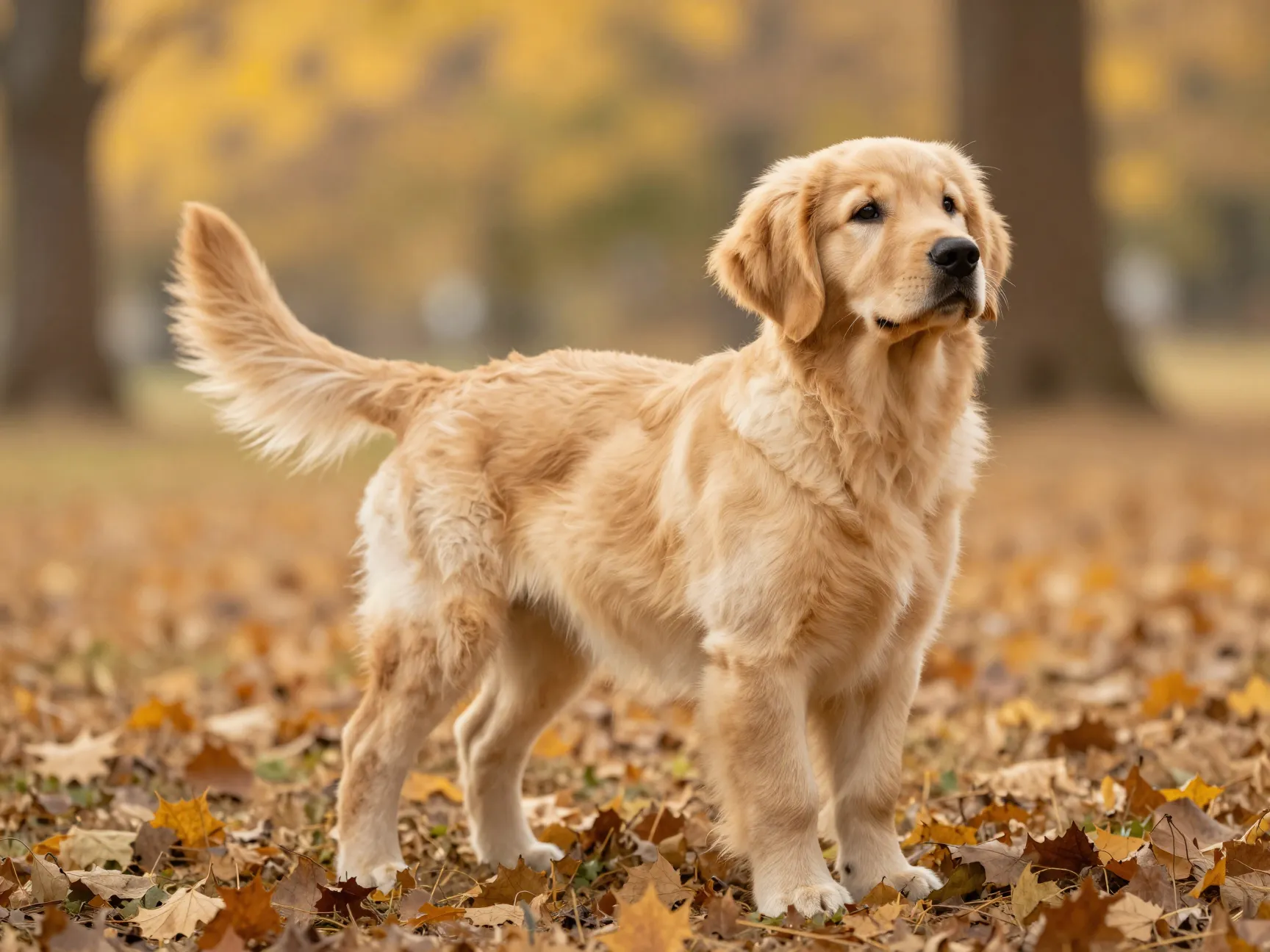 Elegant golden retriever puppy with long feathery tail in autumn park