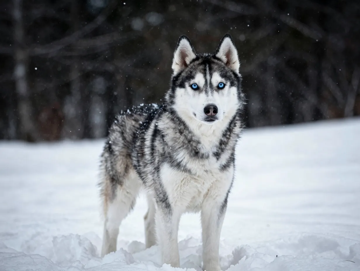 Husky puppy snow landscape blue eyes snowflakes falling