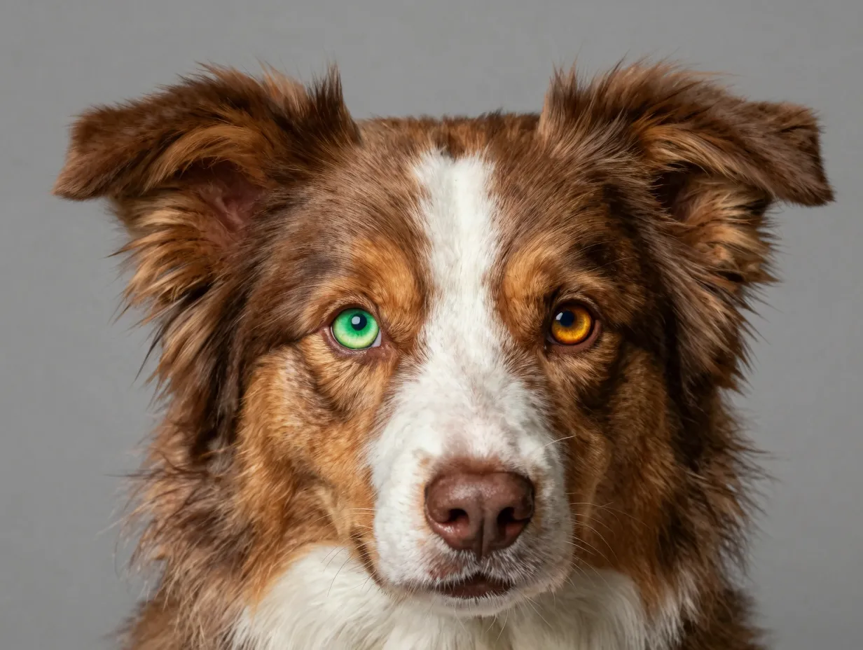 Red merle australian shepherd dog closeup with heterochromatic green and amber eyes