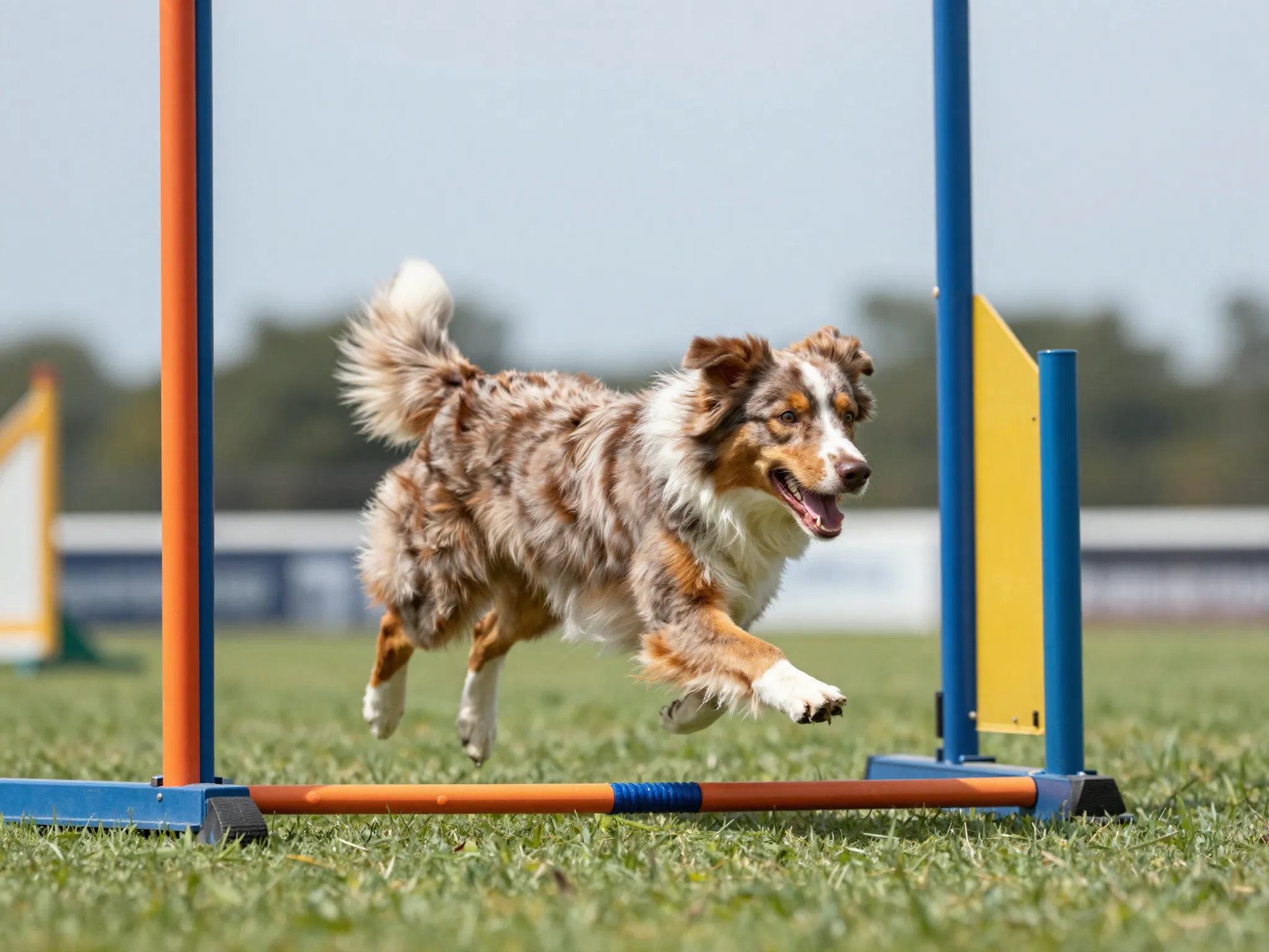 Intelligent red merle aussie executing a complex weave pole agility trick