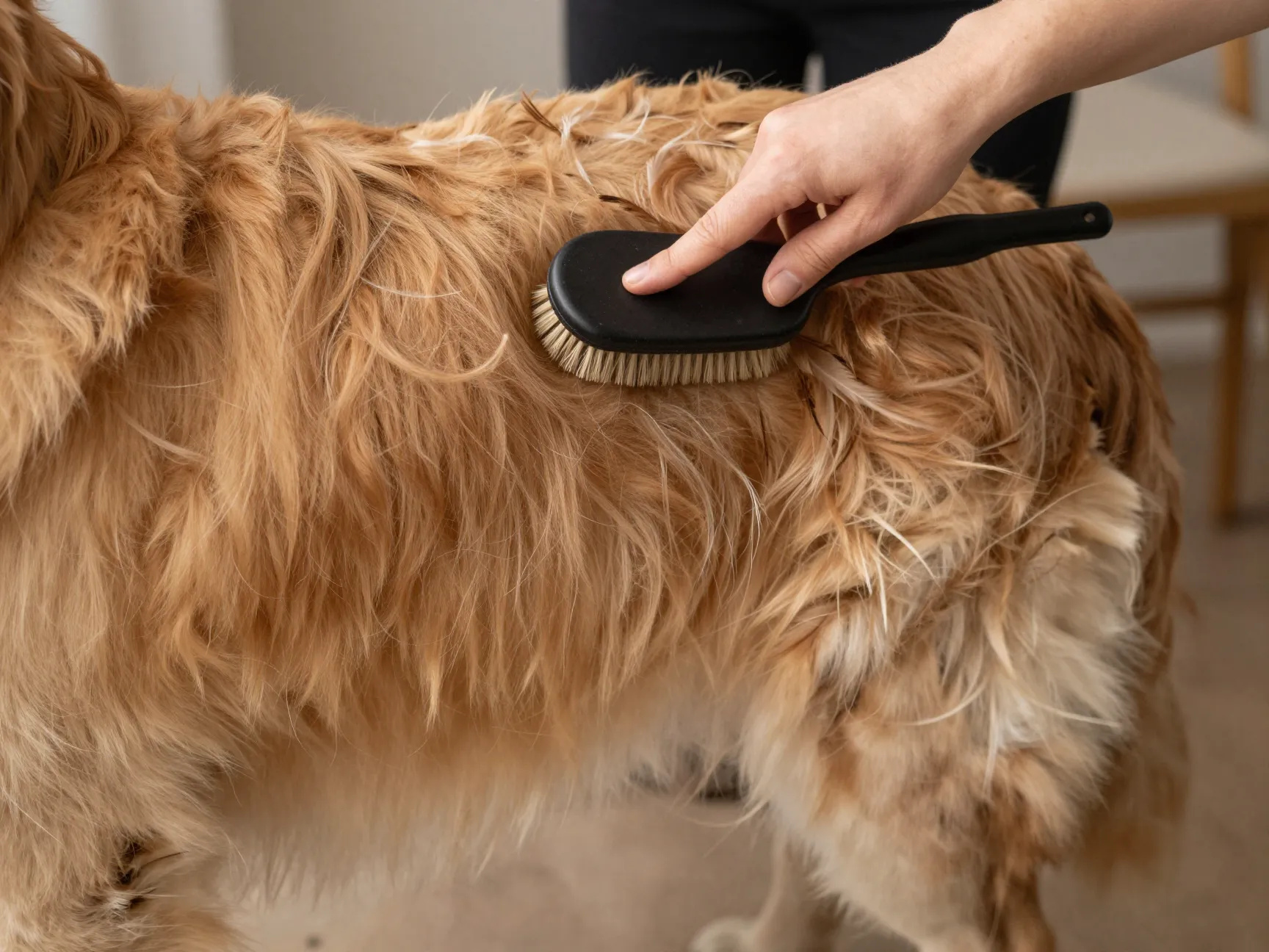 Person brushing a golden retrievers long soft feathered coat at home