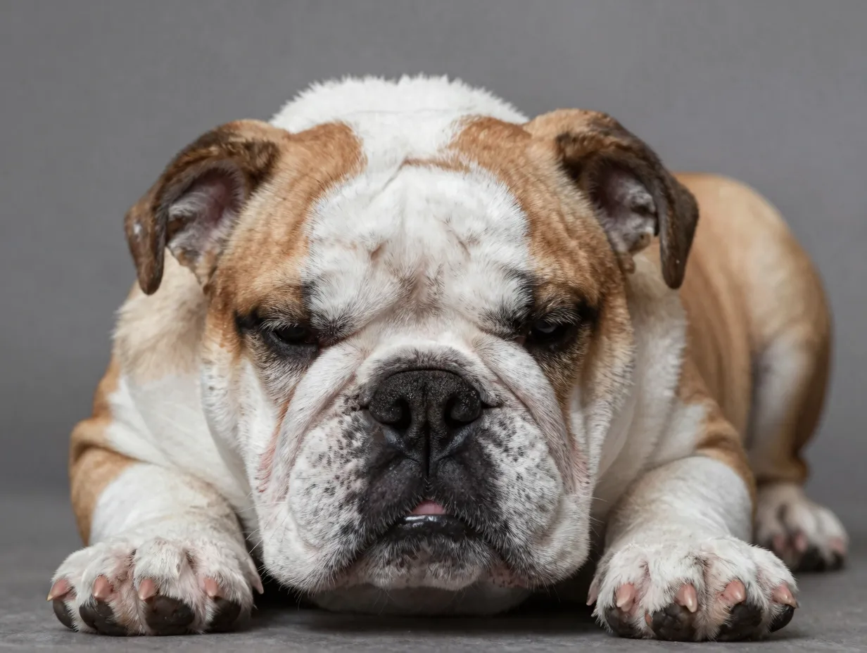 Sleepy bulldog puppy closeup wrinkles nose paws neutral