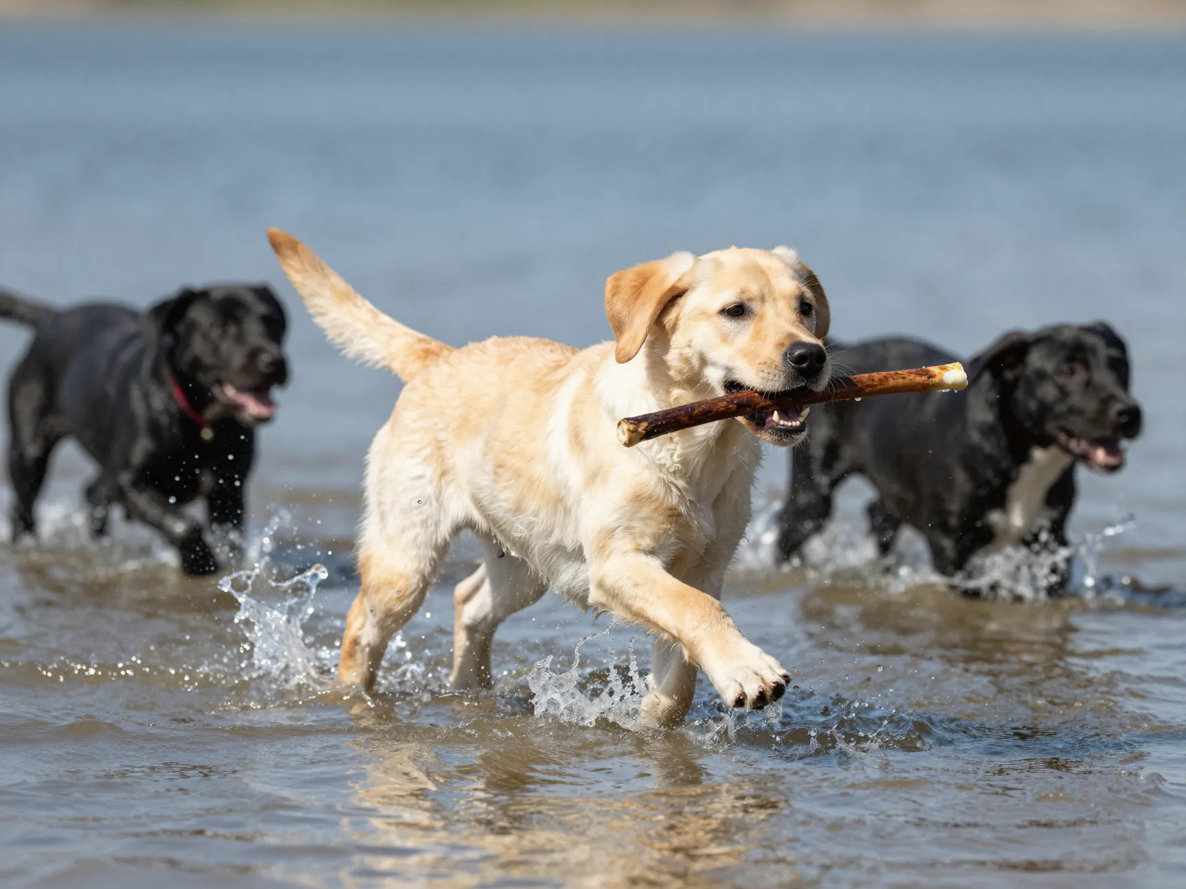 Labrador puppy running vigorously through a shallow lake fetching stick