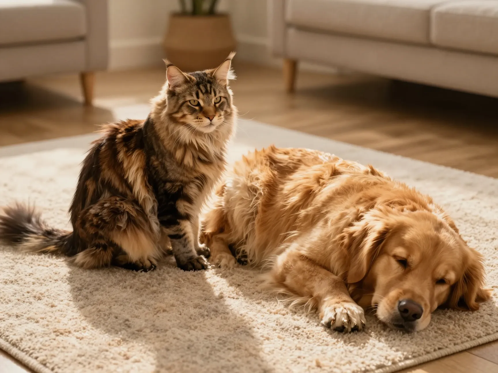 Maine coon cat resting peacefully beside a sleeping dog