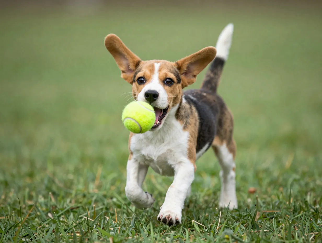 Playful beagle puppy tennis ball action shot outdoor