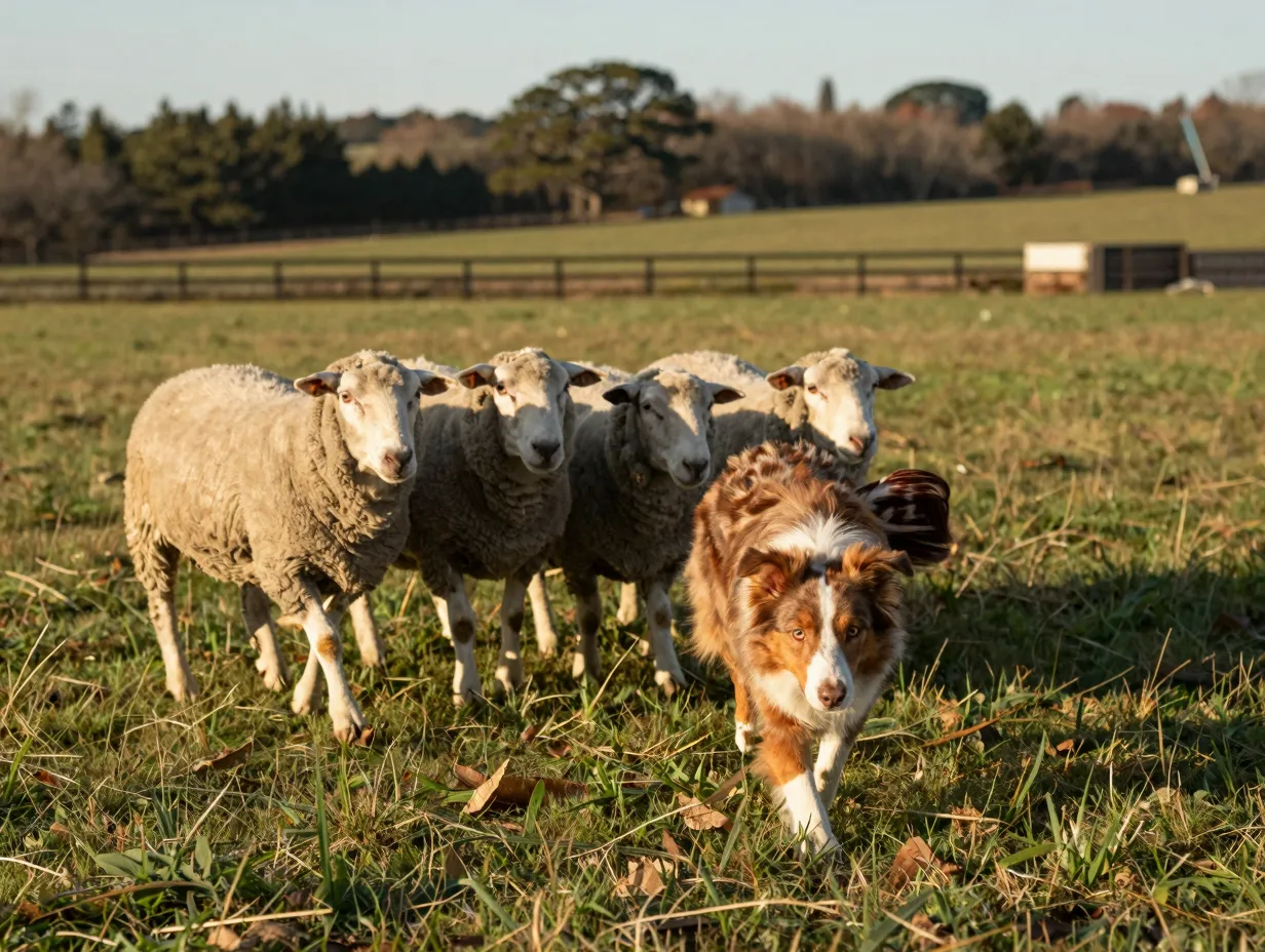 Red merle australian shepherd herding a small group of sheep in a field