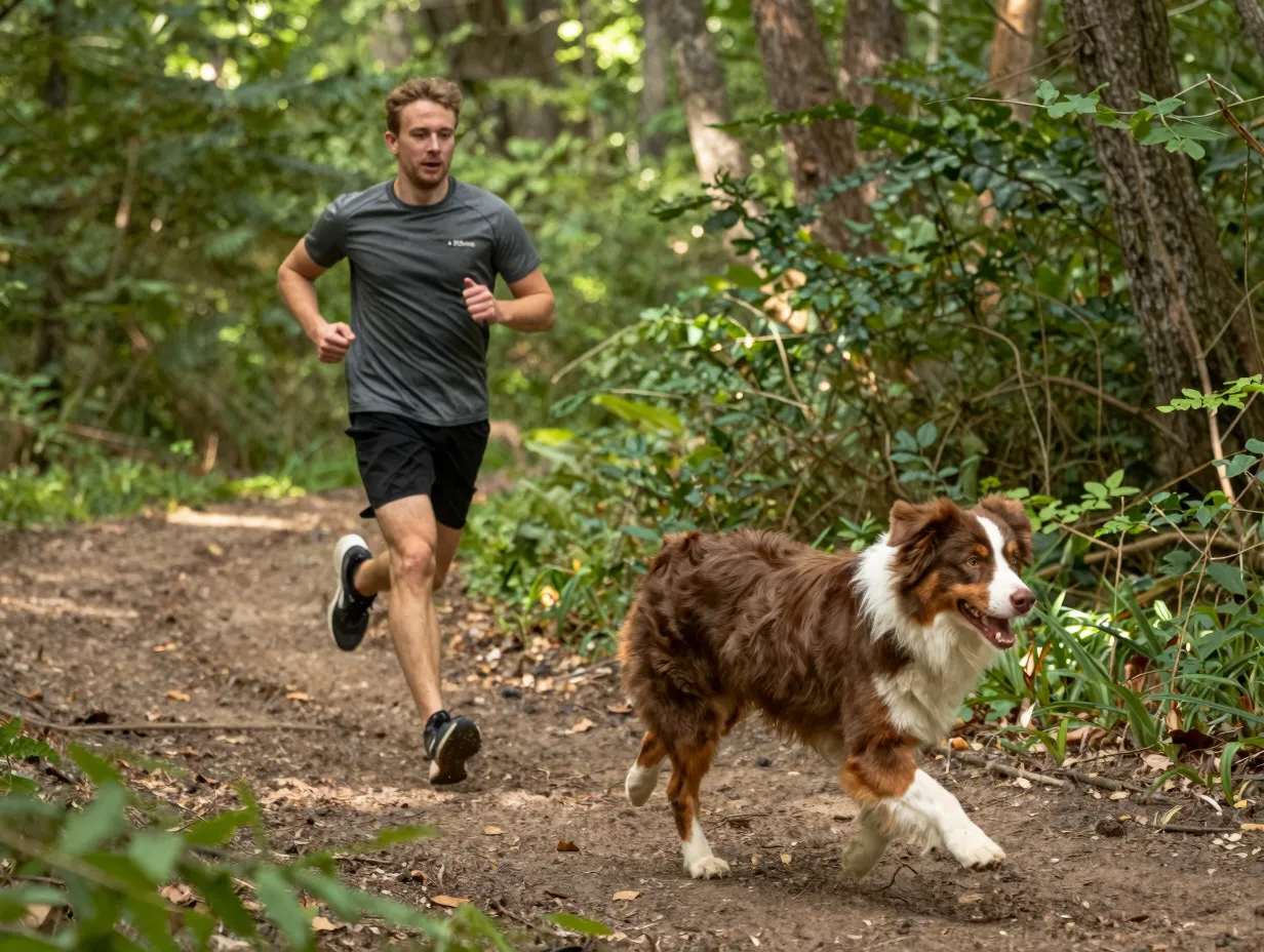 Owner jogging with energetic red merle aussie companion on a forest trail