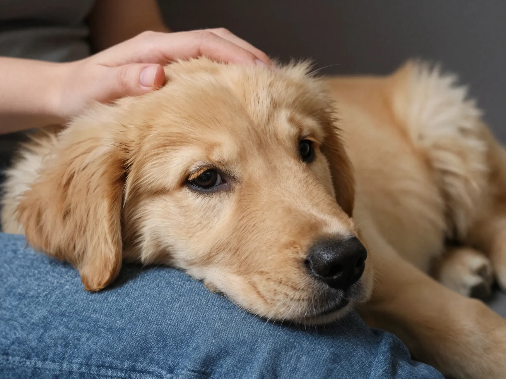Sensitive golden retriever puppy resting its head on a persons lap