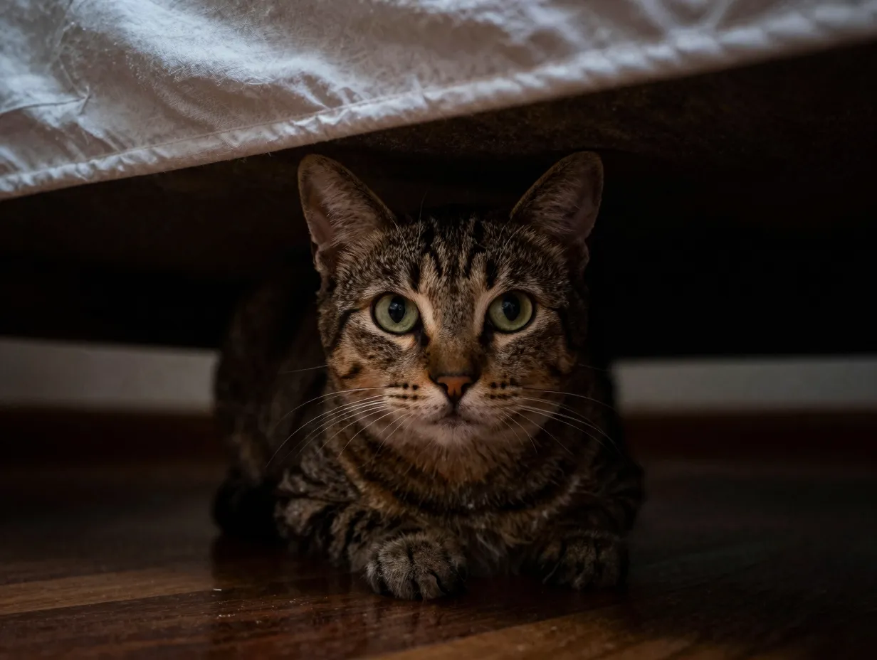 Shy tabby cat hiding under a bed peeking out apprehensively