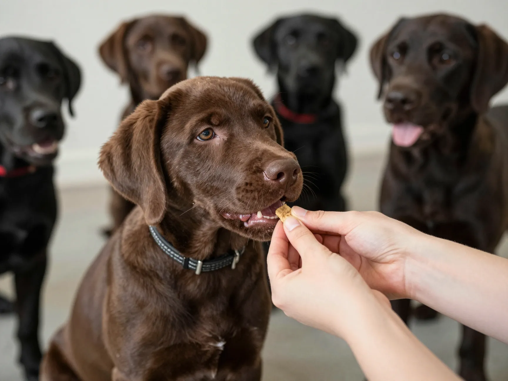 Labrador puppy eagerly taking a treat during a training session indoors