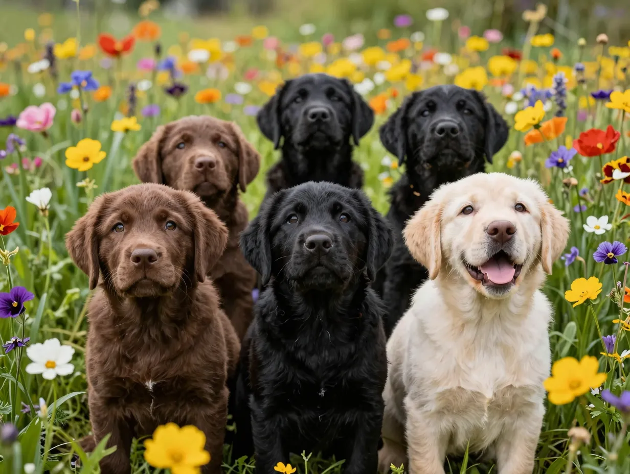 Labrador puppy wildflowers colorful nature outdoor