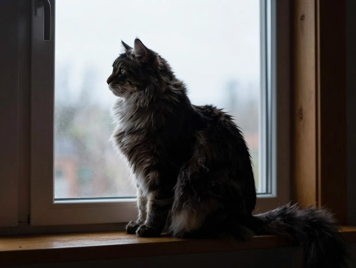 Norwegian forest cat silhouetted on windowsill gazing outdoors
