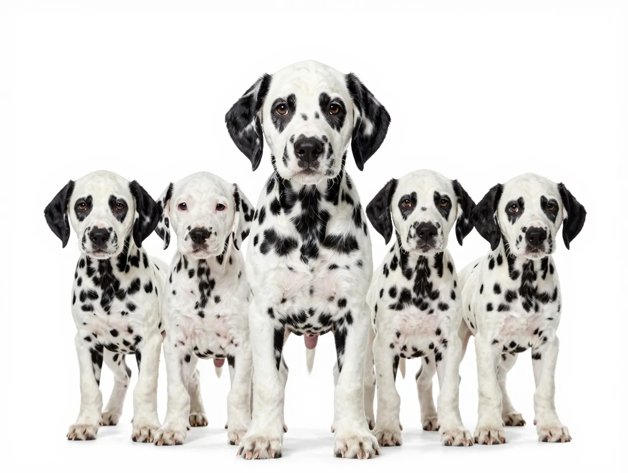 Dalmatian puppy white background black spots studio