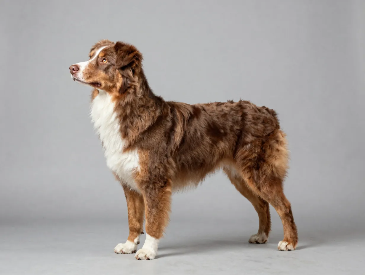 Lean muscular red merle australian shepherd standing in profile showing athletic build