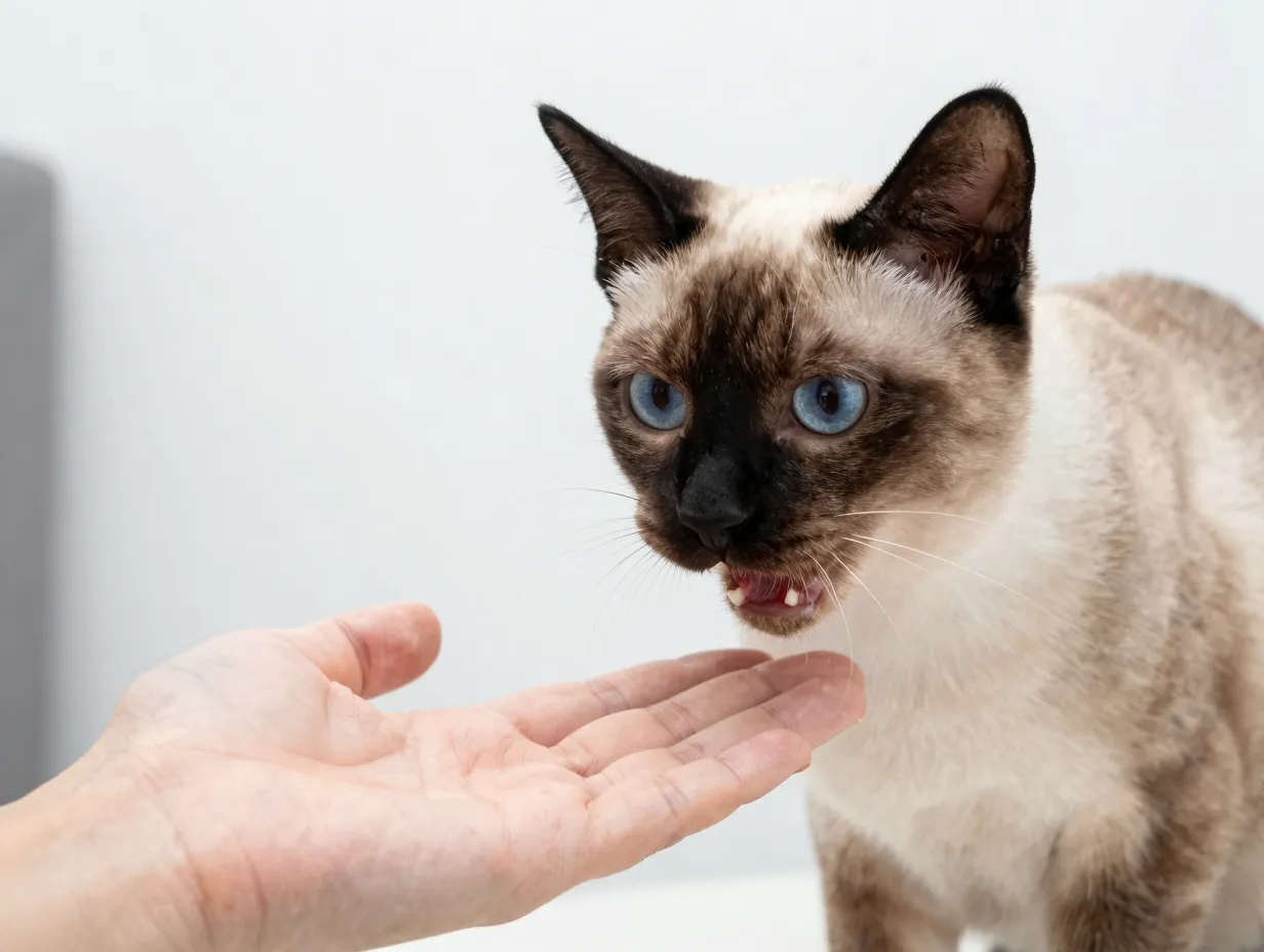 Siamese cat head butting a hand demanding attention and affection