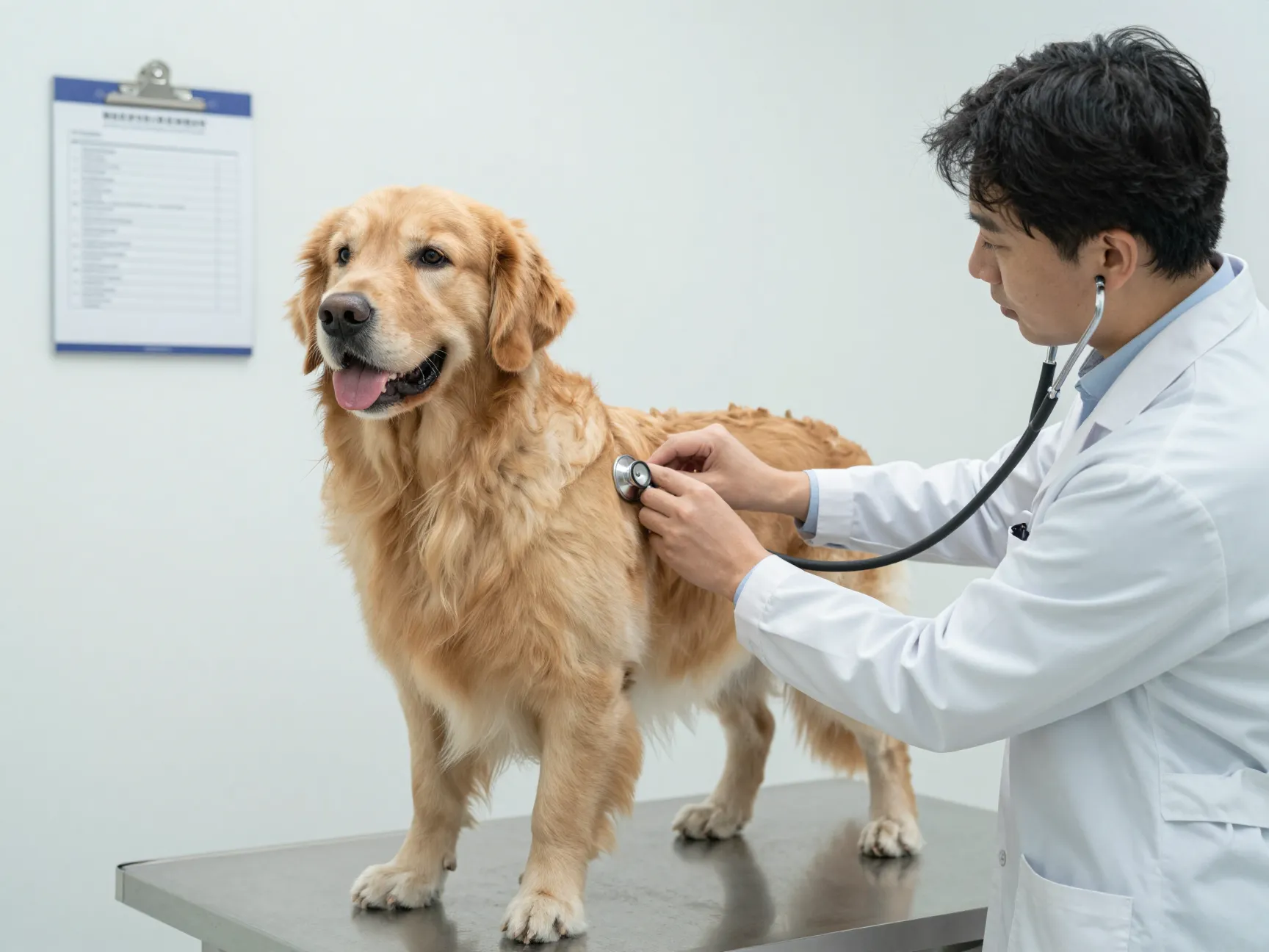 Veterinarian examining a mature golden retriever in a clinical setting