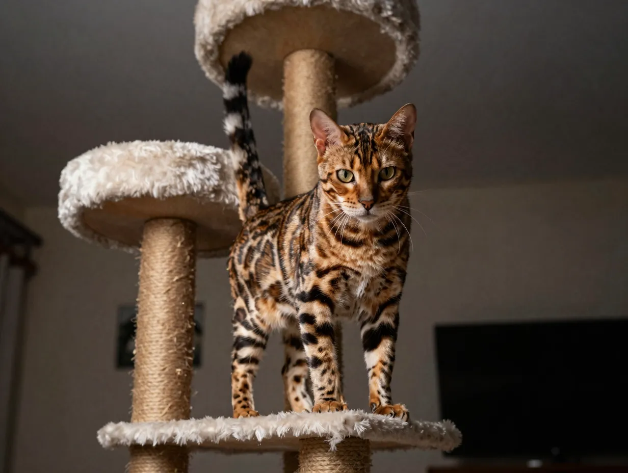 Bengal cat dominating the top platform of a tall cat tree