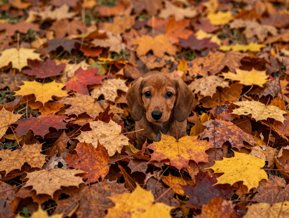 Dachshund puppy autumn leaves crunchy peekaboo effect