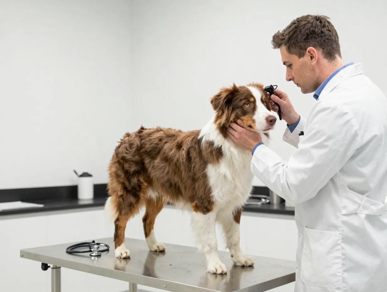 Veterinarian examining healthy adult red merle aussie during a checkup