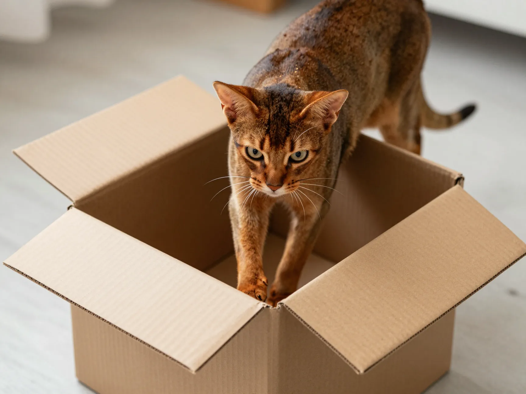 Abyssinian cat leaning into cardboard box exploring curiously