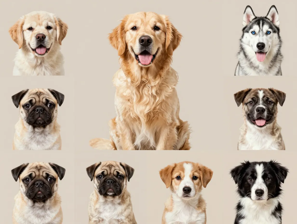 Multi breed puppy collage golden husky pug border collie