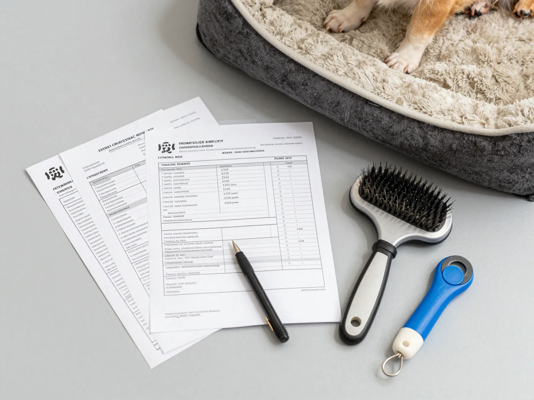 Stack of pet care bills and grooming supplies next to a dog bed