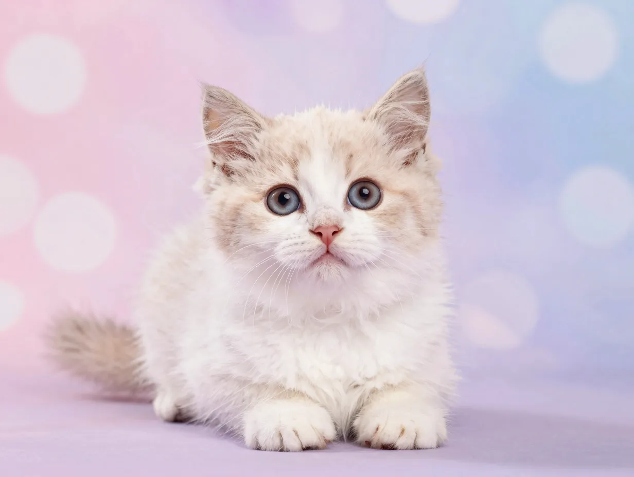 A fluffy kitten on a soft pastel background with bokeh lighting