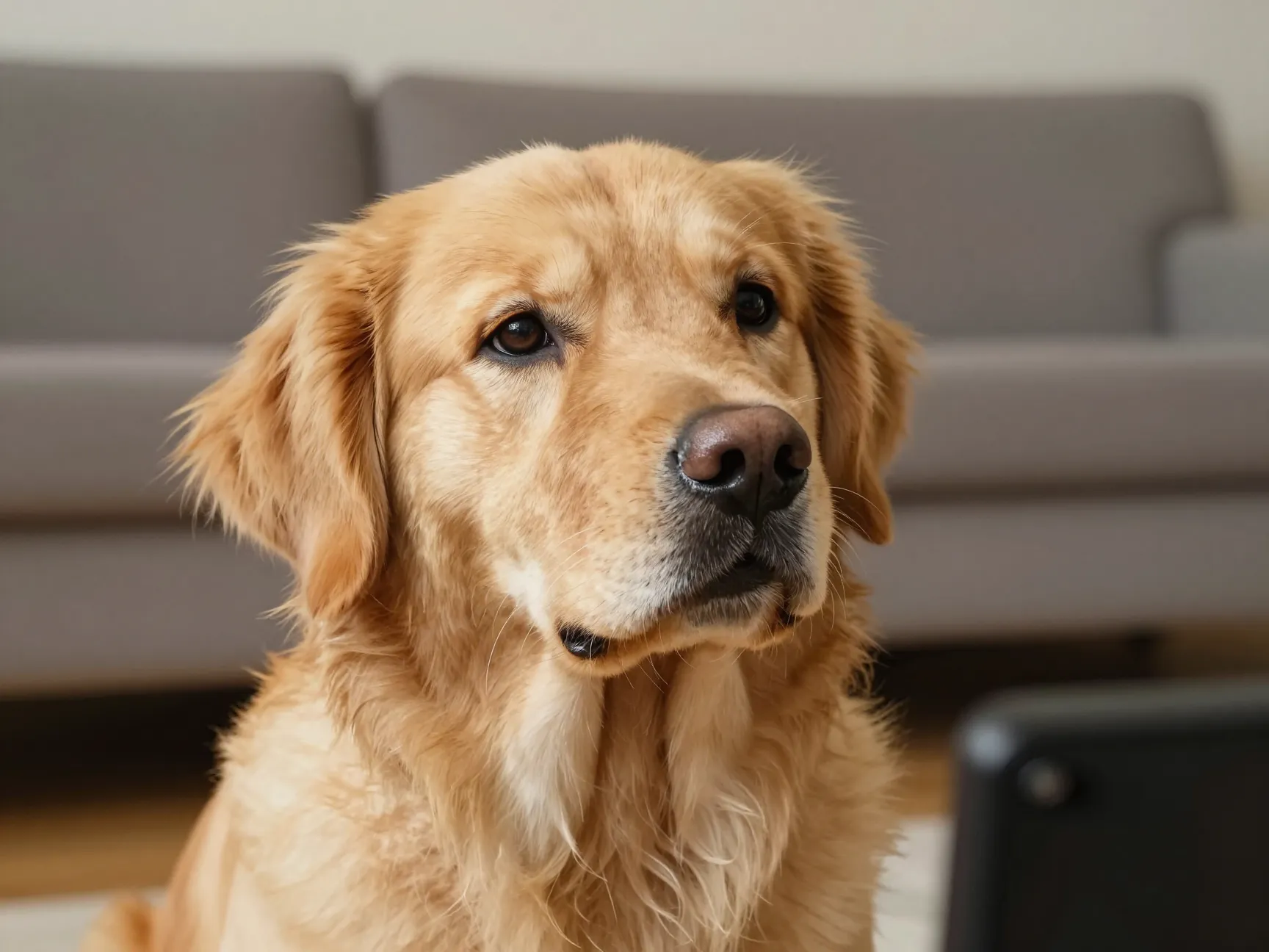 A golden retriever head tilt with floppy ears in a living room