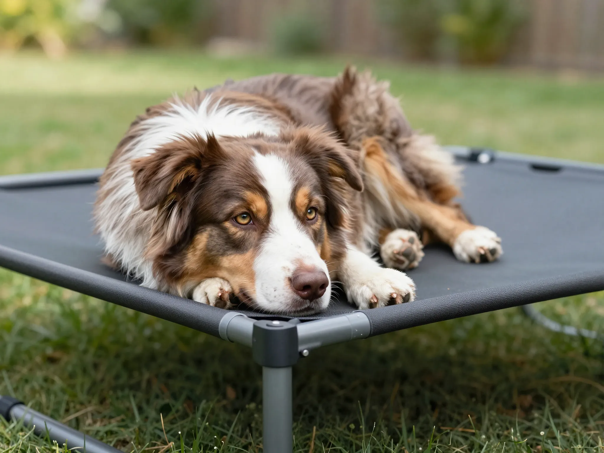 A photorealistic close up of a large australian shepherd dog resting on a durable elevated cot bed in a backyard setting