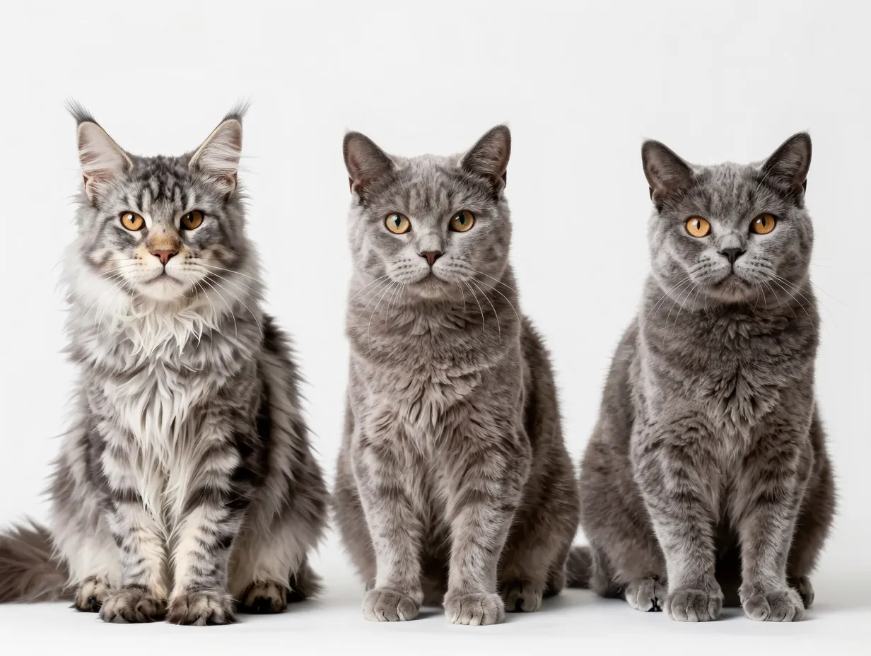 Gray tabby maine coon american shorthair breeds side by side