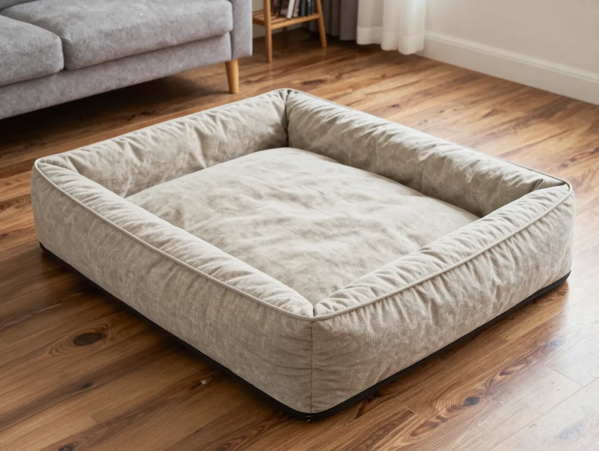 A detailed shot of a thick orthopedic foam dog bed with a removable cover in a living room