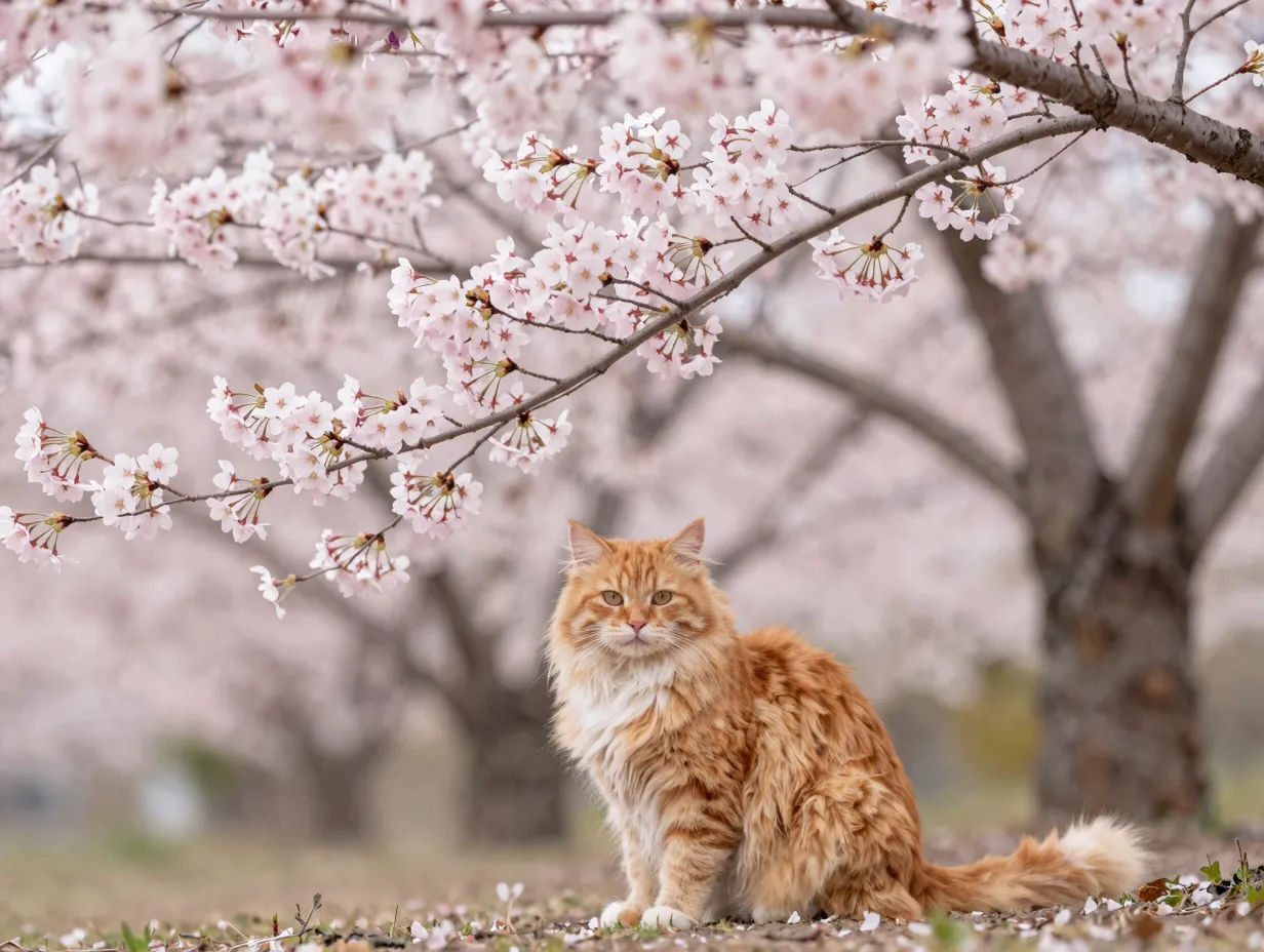 A fluffy tabby cat sitting beneath pale pink cherry blossom branches