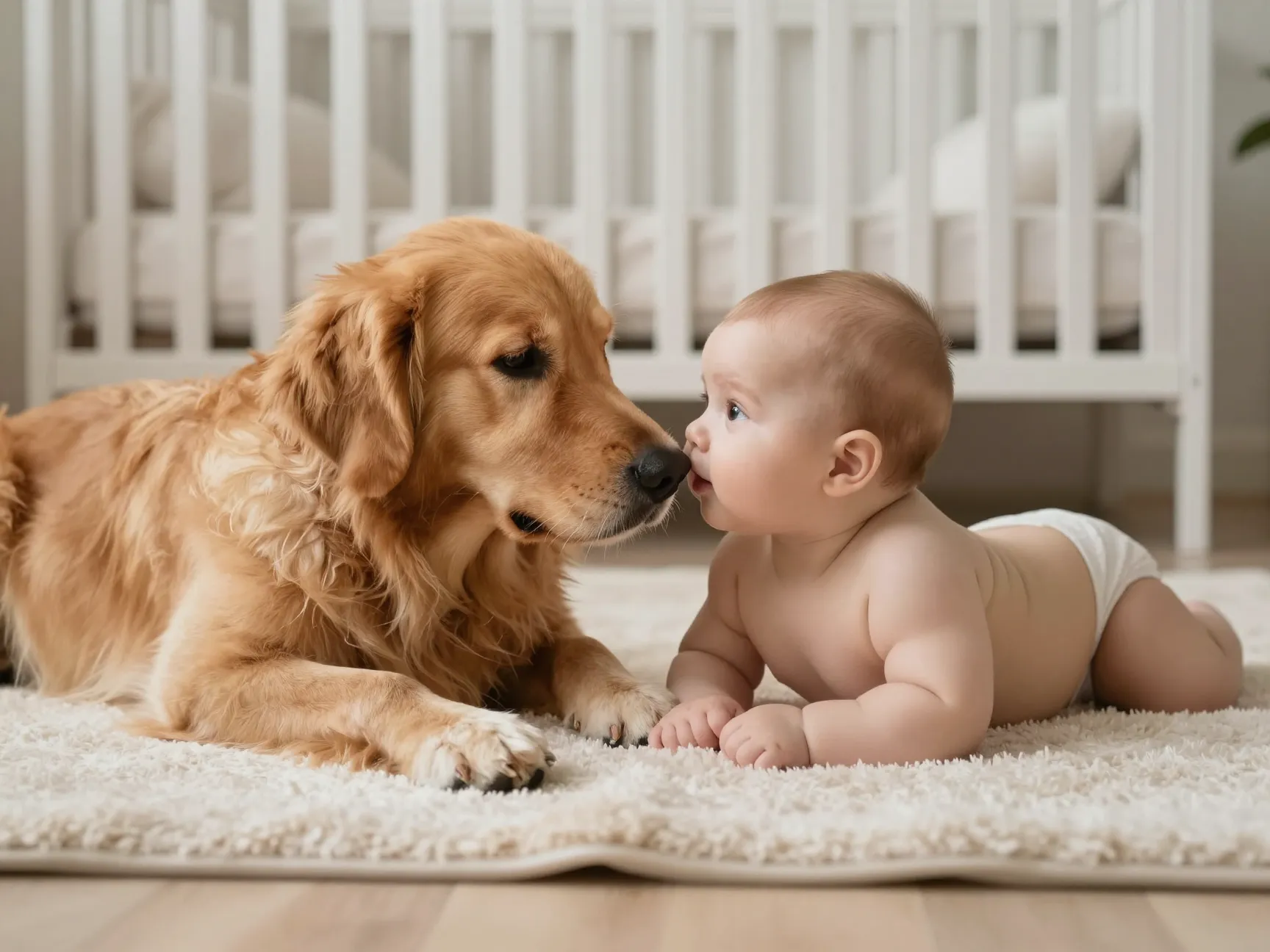 A golden retriever and a baby lying together on a soft blanket